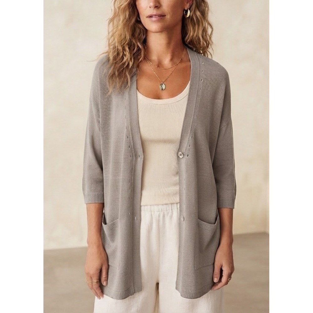 J JILL Sweater 100% Linen Long Cardigan Womens Sz M Beach Coastal Classic Beige